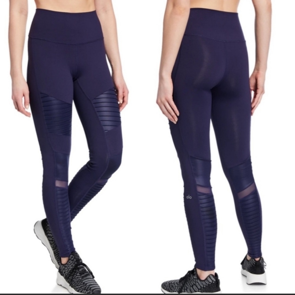 Alo Yoga Moto Sport Leggings with Mesh Panels, Mid Rise, Blue, Size Small